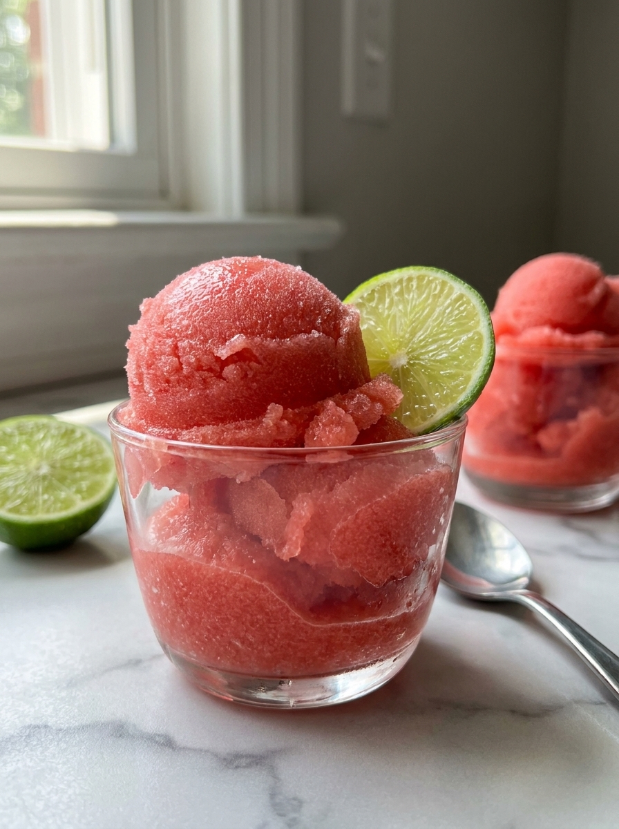 A glass of watermelon sorbet with a lime wedge on top.