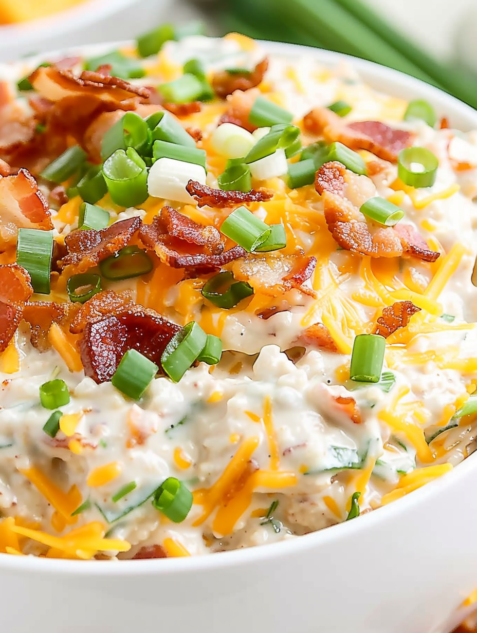 A bowl of bacon and cheese dip.