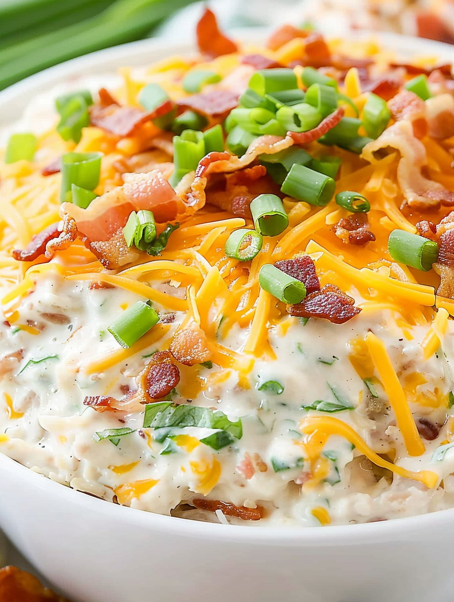 A bowl of bacon and cheese covered food.