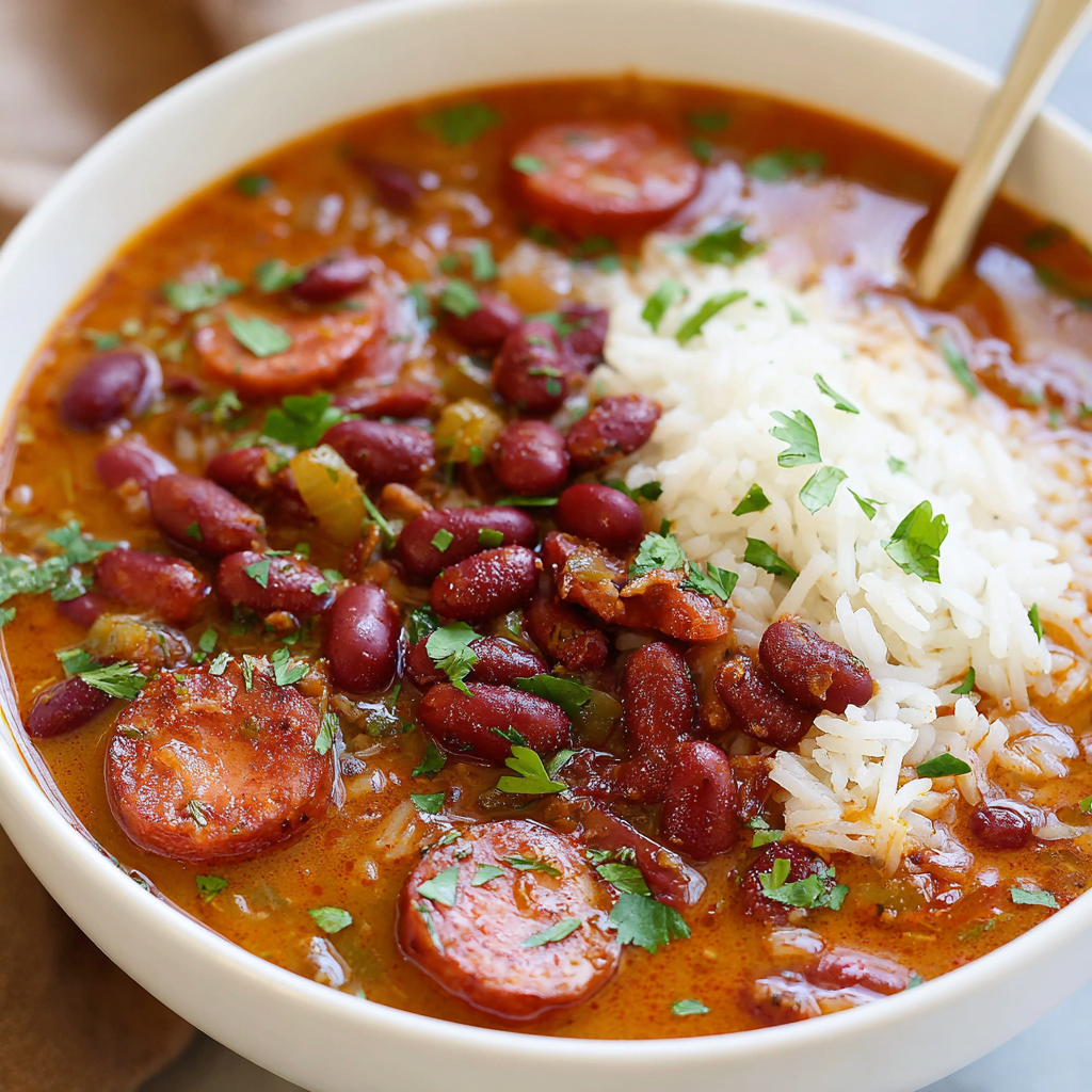A bowl of red beans and rice with a spoon in it.