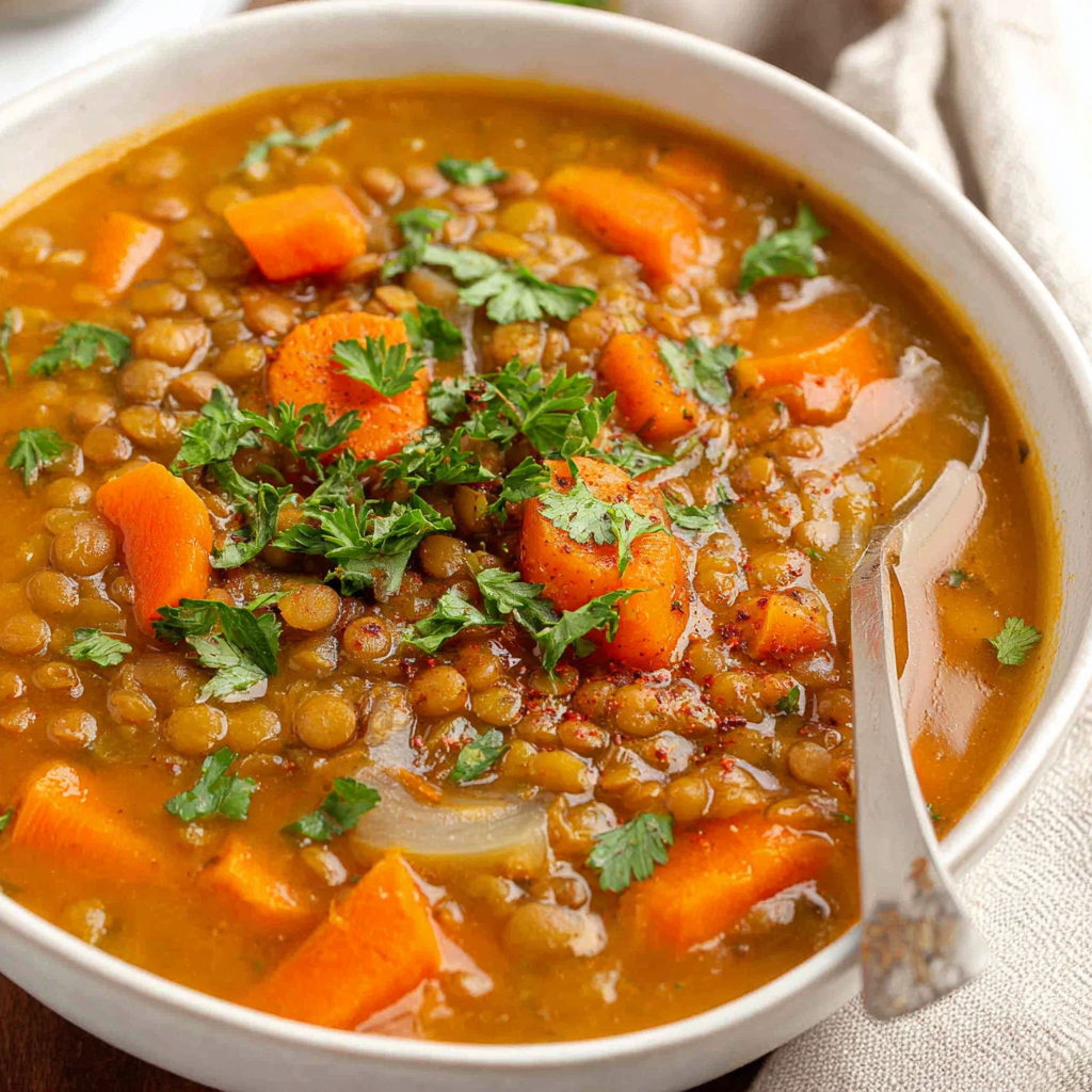 A bowl of soup with carrots and lentils.