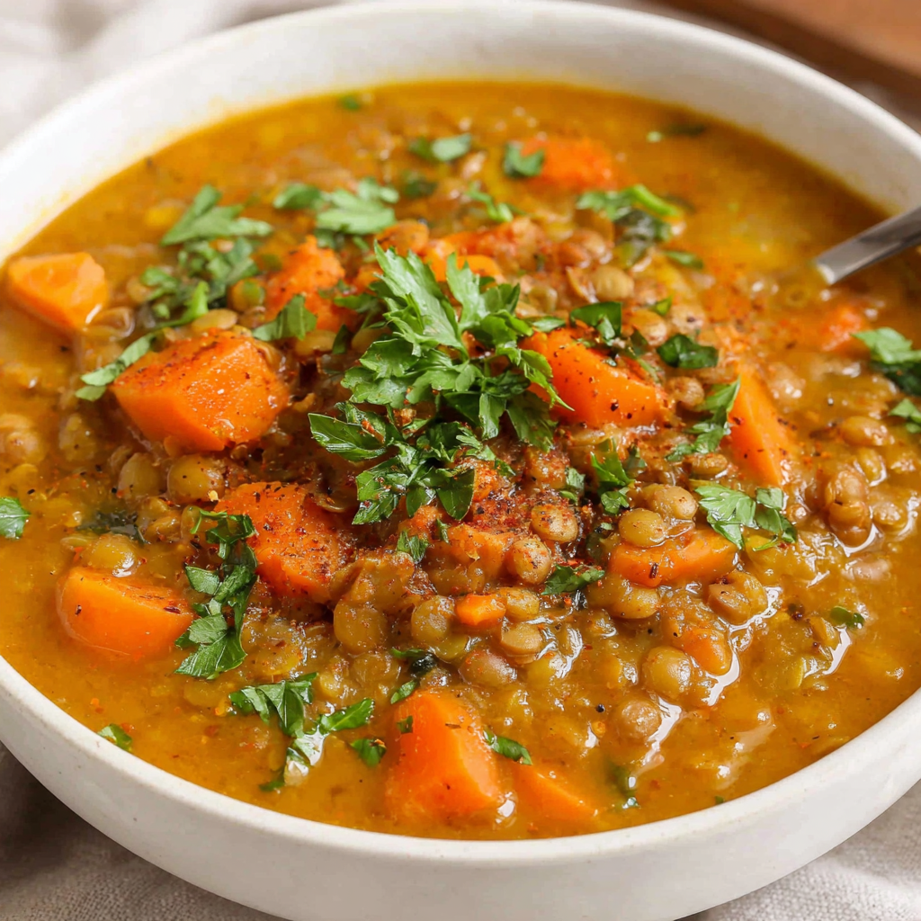 A bowl of soup with carrots and lentils.