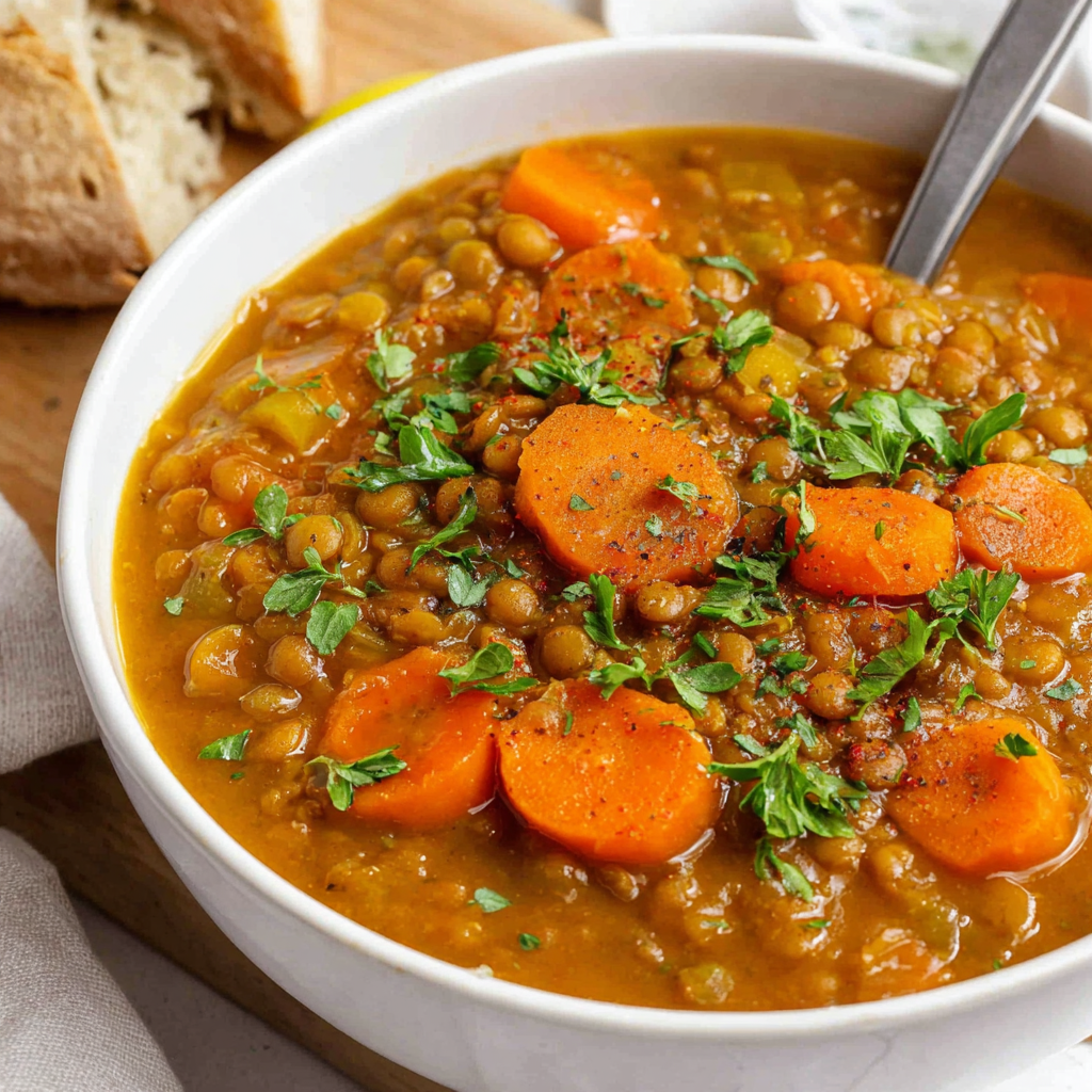 A bowl of soup with carrots and lentils.