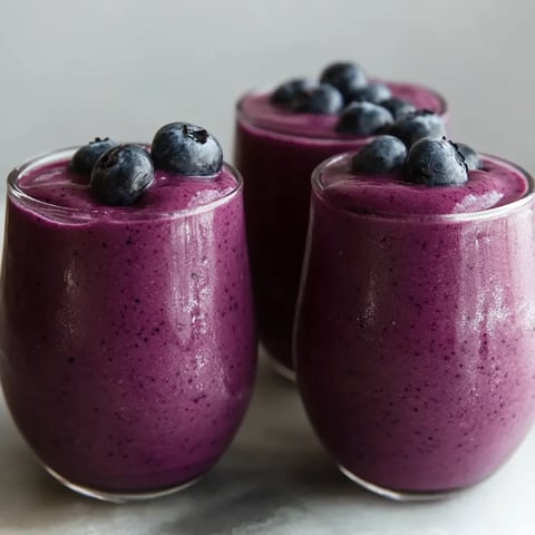 Three glasses of blueberry smoothie.